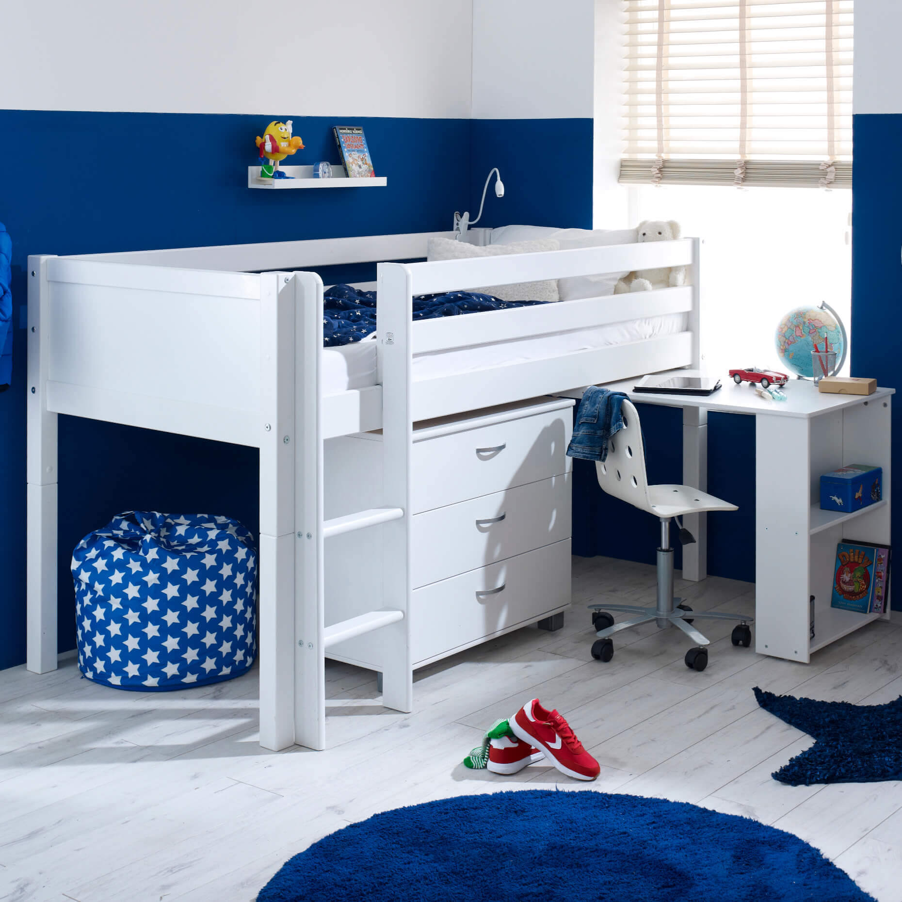 Ingrid Nordic Mid Sleeper Bed with Pull Out Desk With Flat White Gable Ends & Drawers