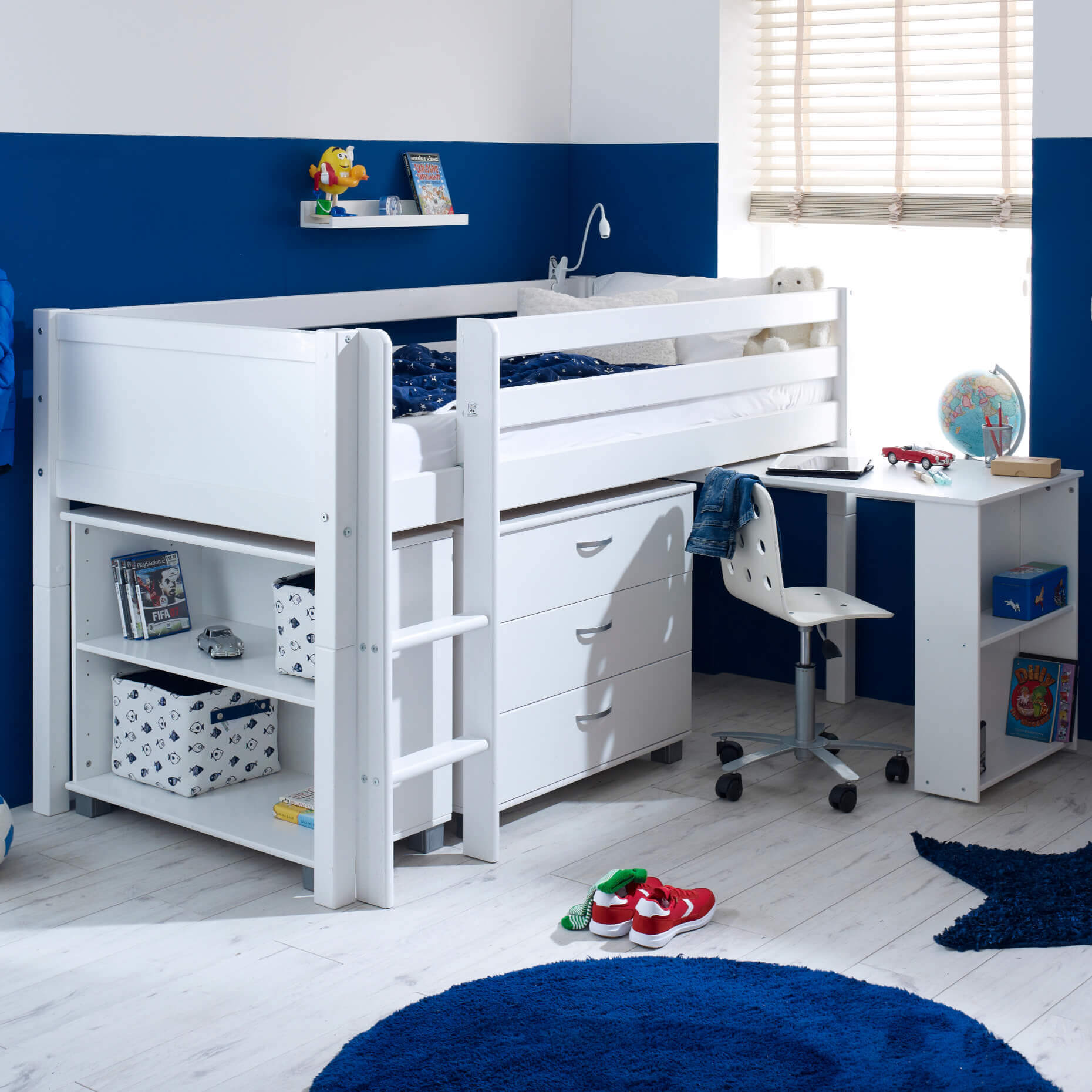 Ingrid Nordic Mid Sleeper Bed with Pull Out Desk With Flat White Gable Ends & Storage & Drawers