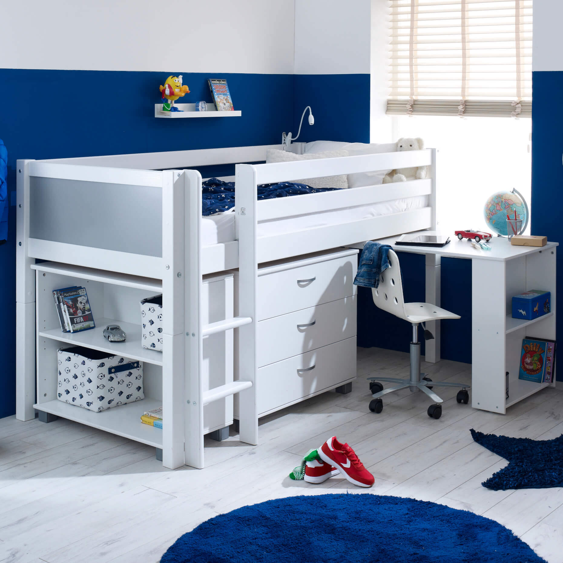 Ingrid Nordic Mid Sleeper Bed with Pull Out Desk With Grey Gable Ends & Storage & Drawers