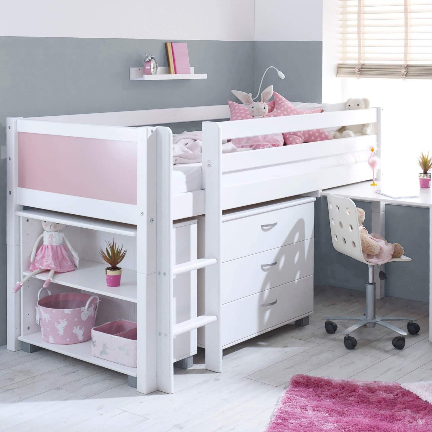 Ingrid Nordic Mid Sleeper Bed with Pull Out Desk With Rose Gable Ends & Storage & Drawers