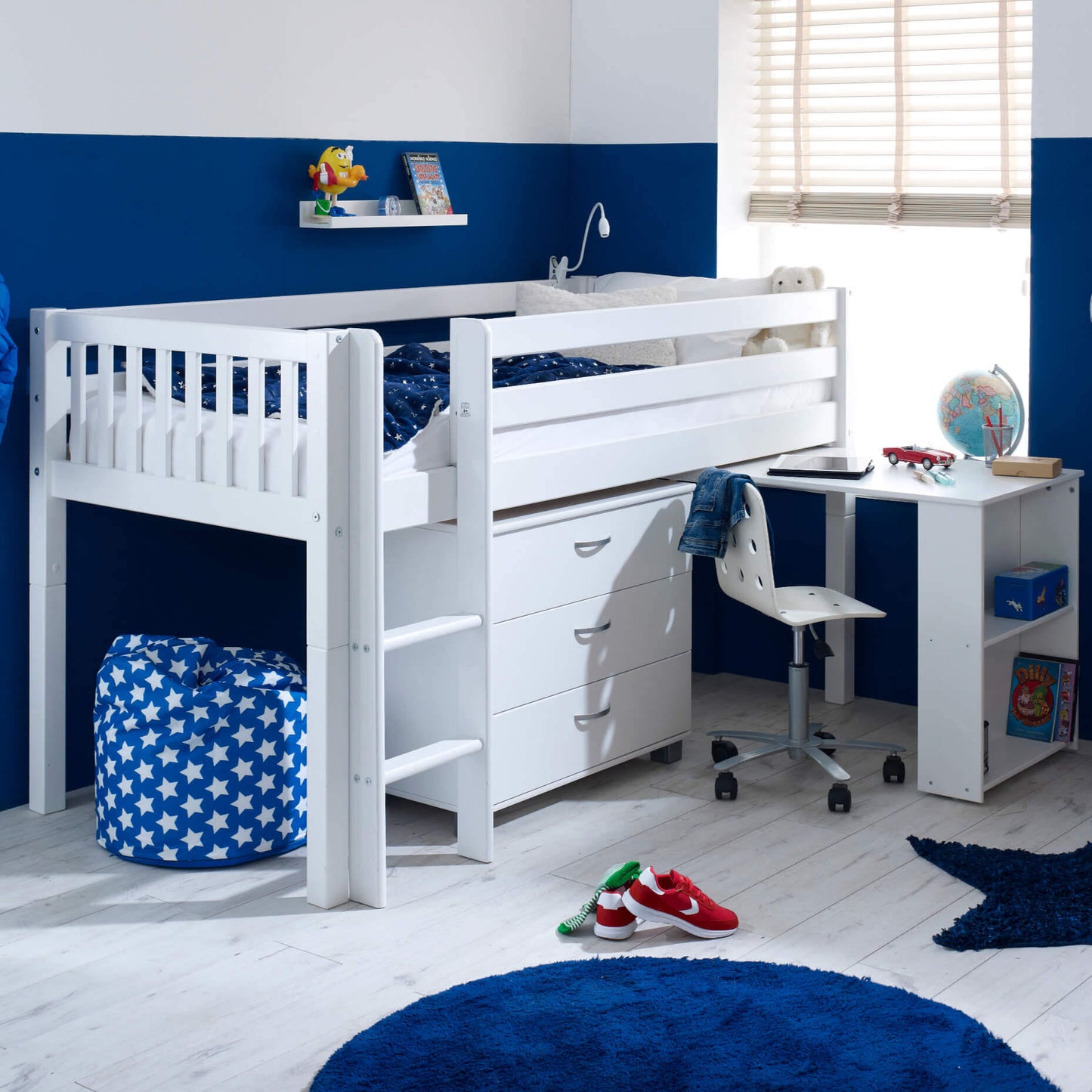 Ingrid Nordic Mid Sleeper Bed with Pull Out Desk With Slatted Gable Ends & Drawers Boys