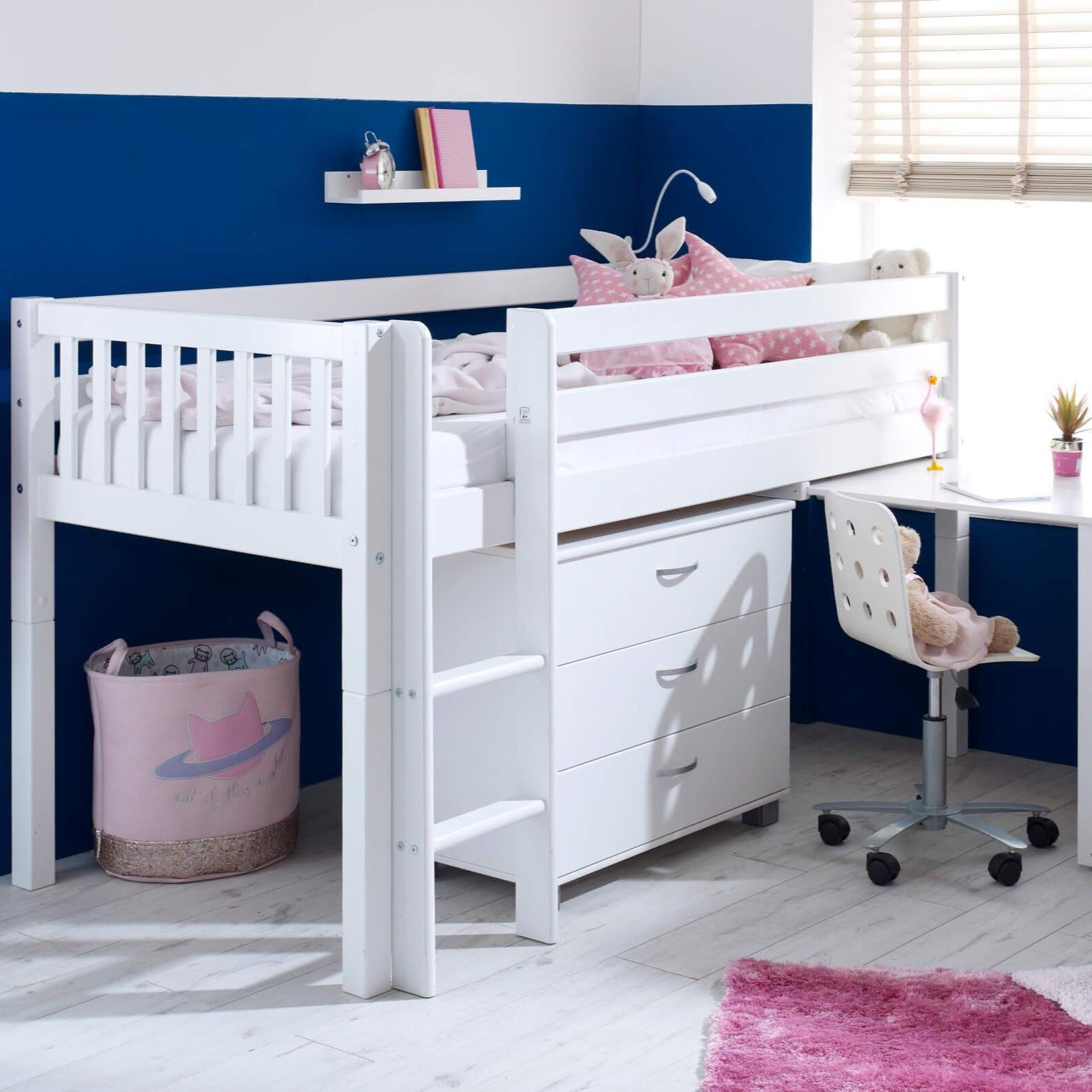 Ingrid Nordic Mid Sleeper Bed with Pull Out Desk With Slatted Gable Ends & Drawers