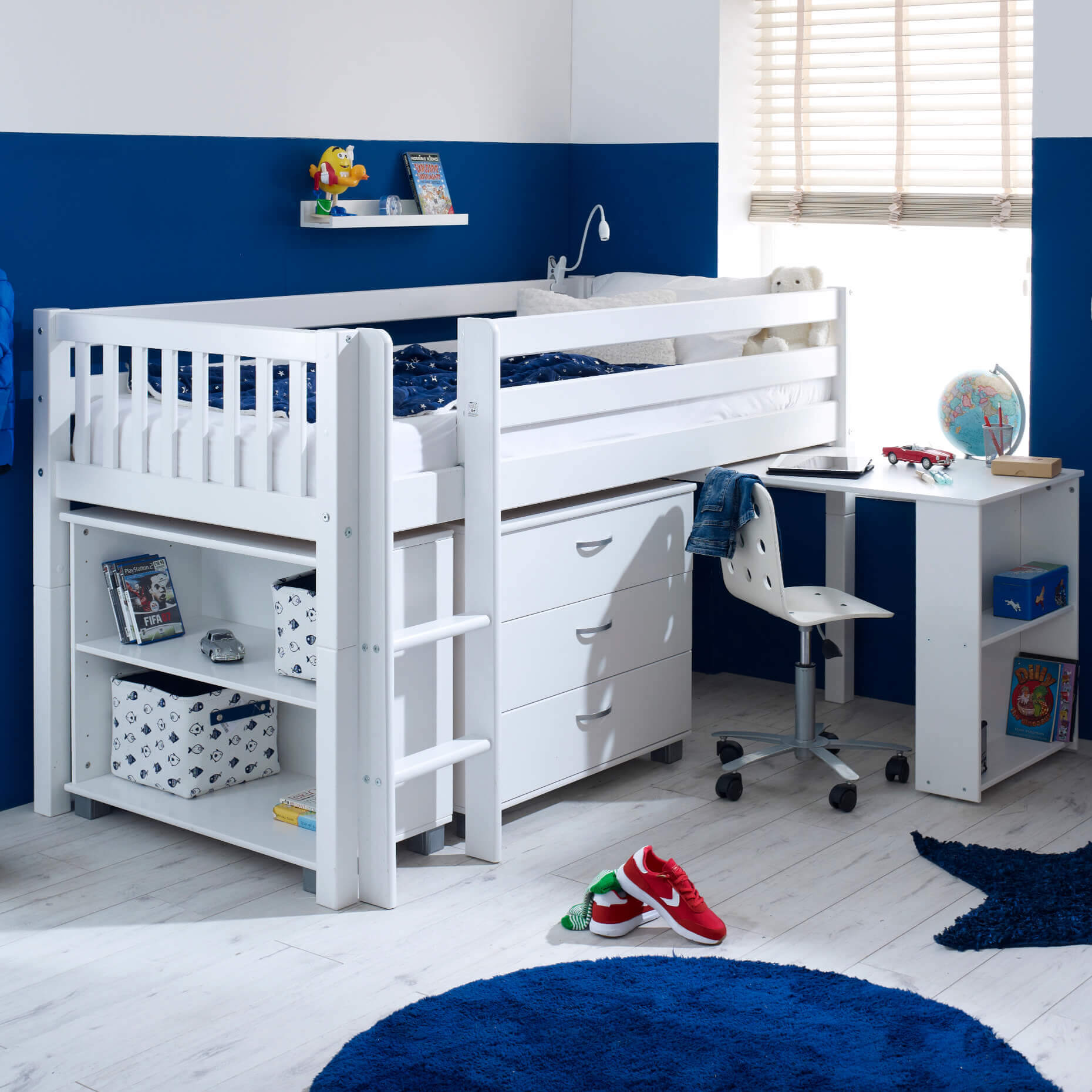 Ingrid Nordic Mid Sleeper Bed with Pull Out Desk With Slatted Gable Ends & Storage & Drawers Boys