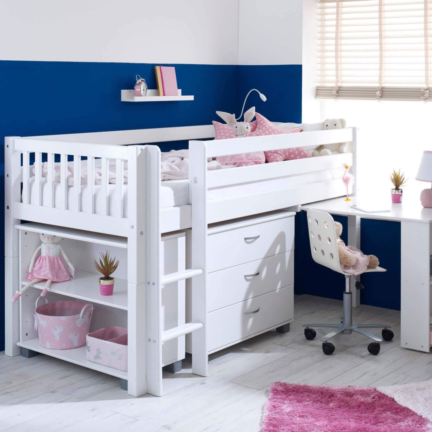 Ingrid Nordic Mid Sleeper Bed with Pull Out Desk With Slatted Gable Ends & Storage & Drawers Girls