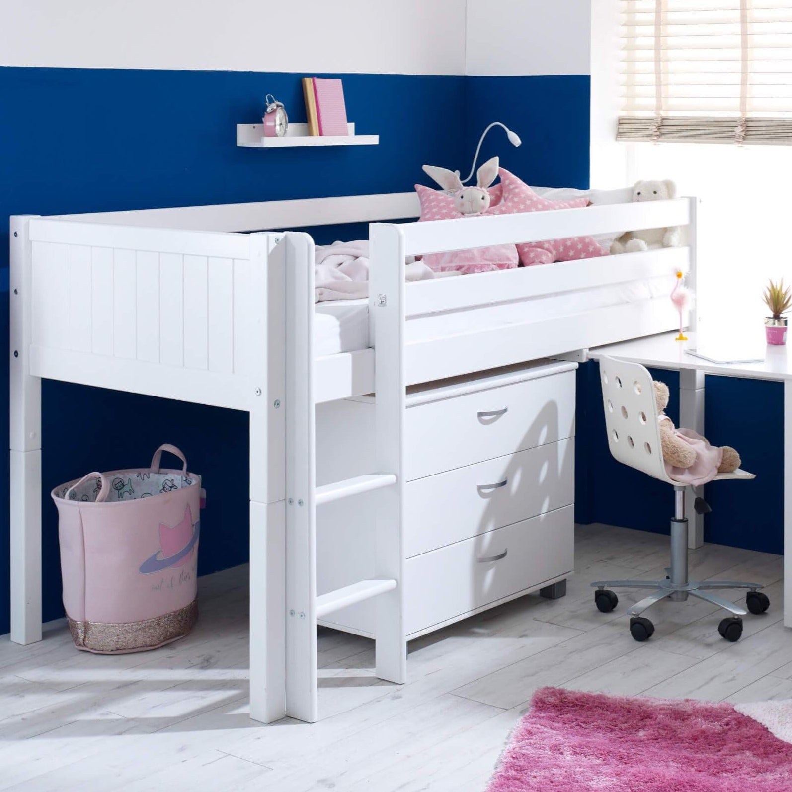 Ingrid Nordic Mid Sleeper Bed with Pull Out Desk With T+Grv Gable Ends & Drawers Girls