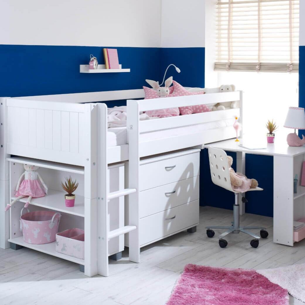 Ingrid Nordic Mid Sleeper Bed with Pull Out Desk With T+Grv Gable Ends & Storage & Drawers Girls
