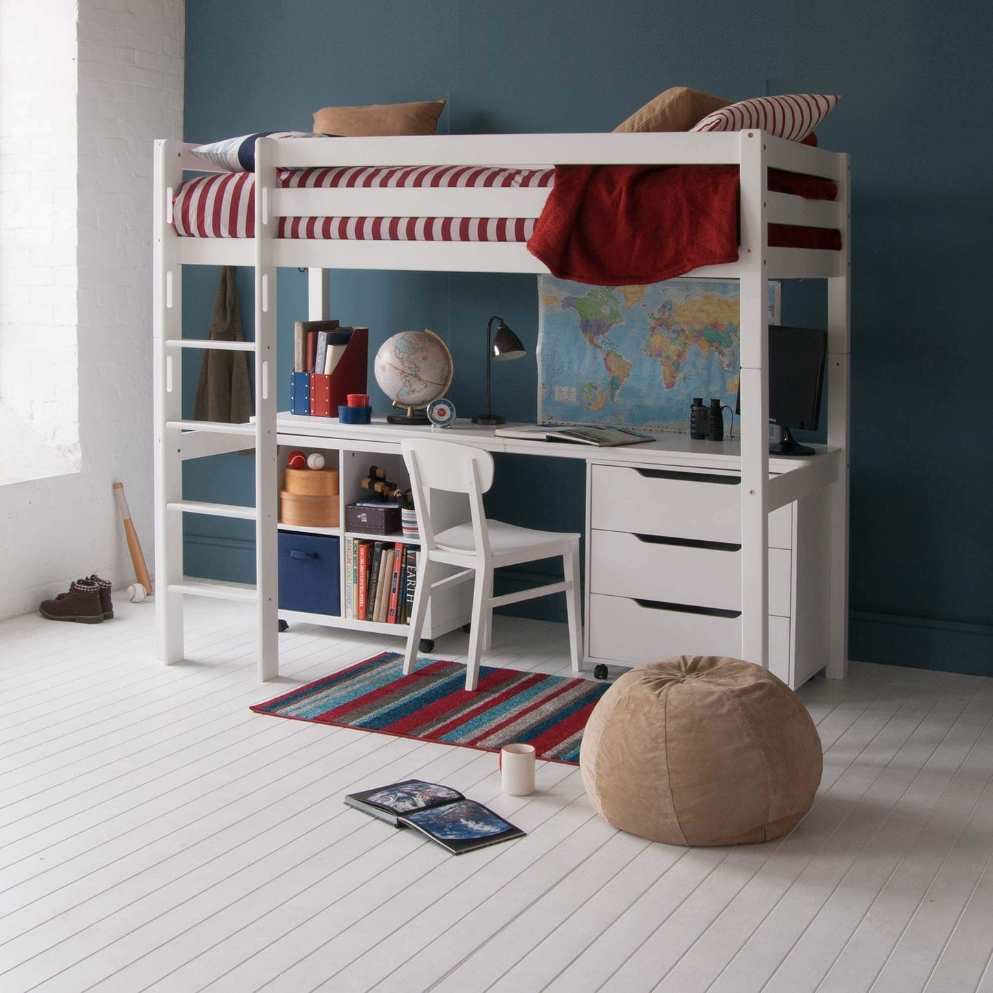 Ivy Classic Beech High Sleeper with Full Length Desk Storage Drawers Boys Room Side