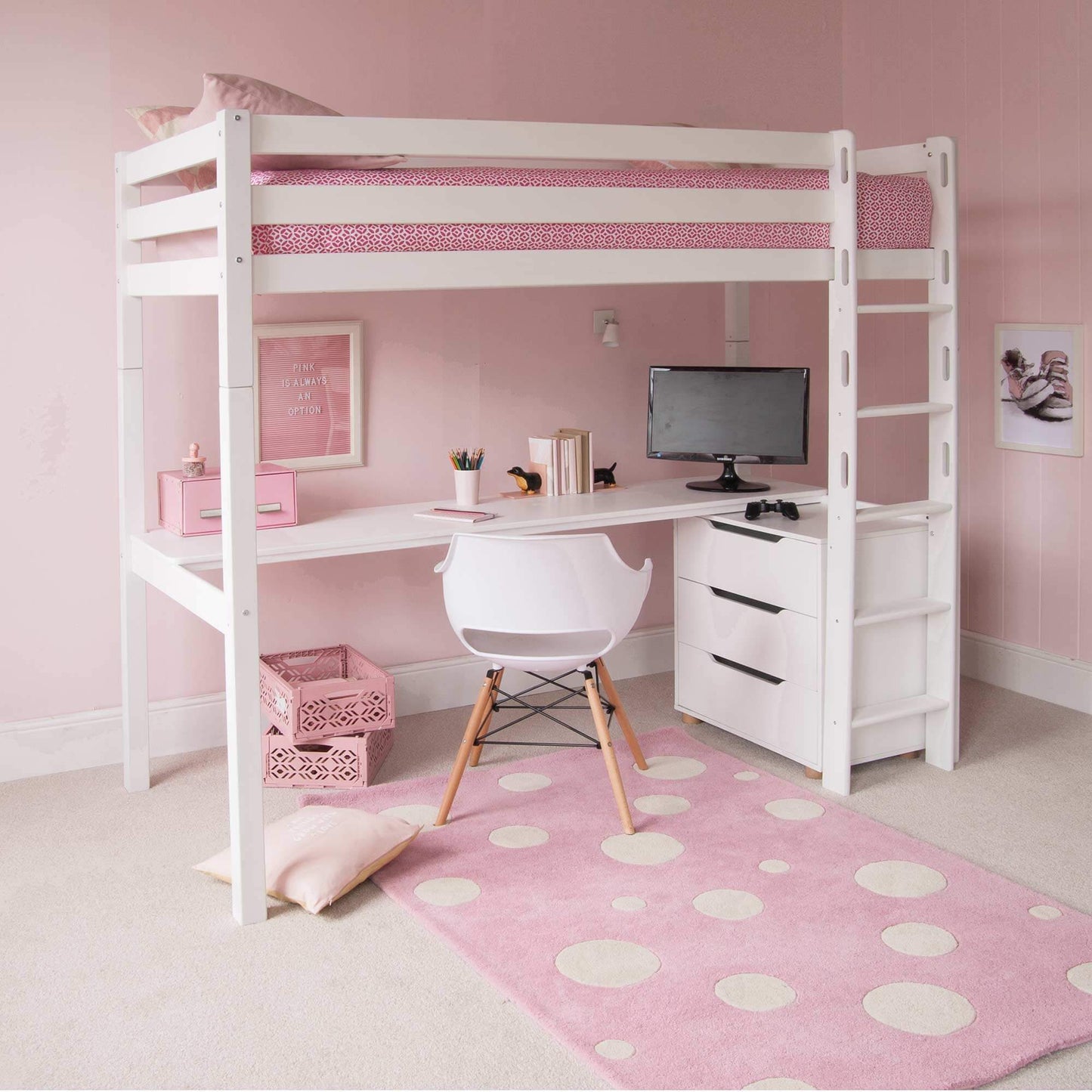 Ivy Classic Beech High Sleeper with Full Length Desk Drawers Girls Room Side