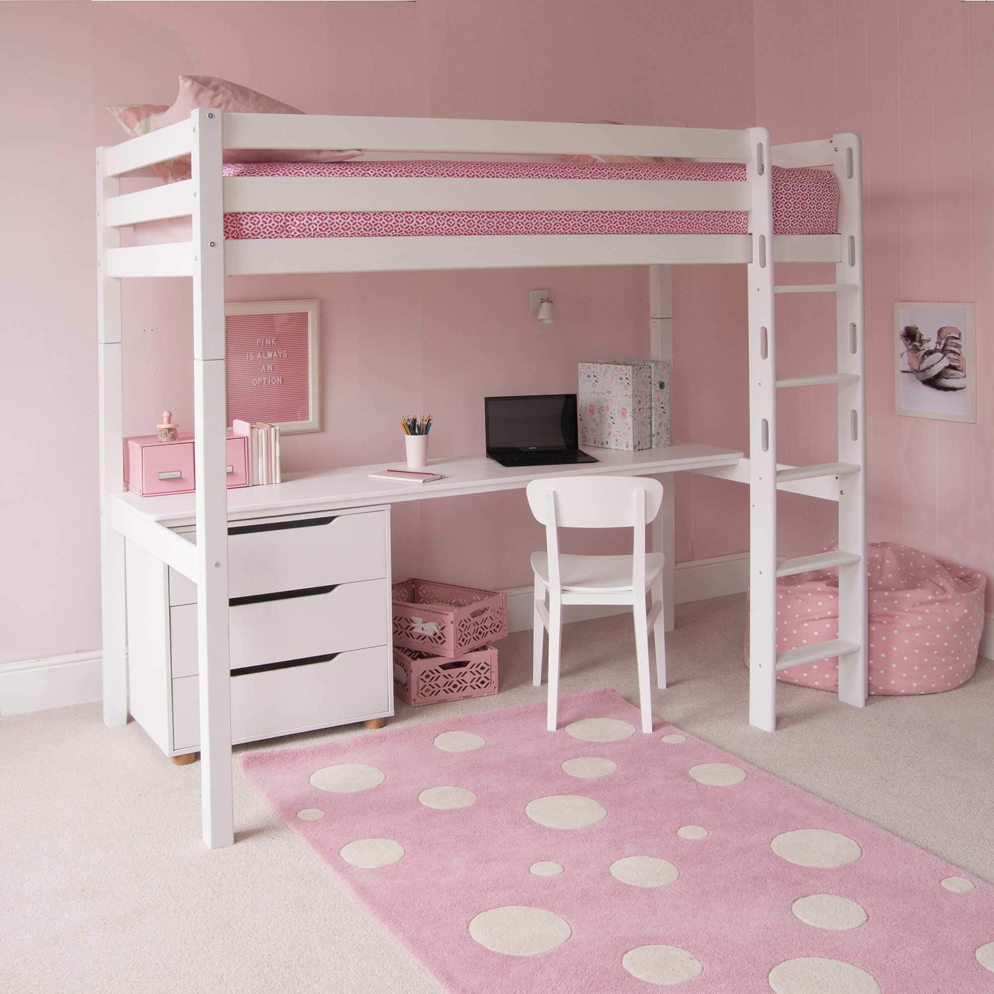 Ivy Classic Beech High Sleeper with Full Length Desk Drawers Girls Room