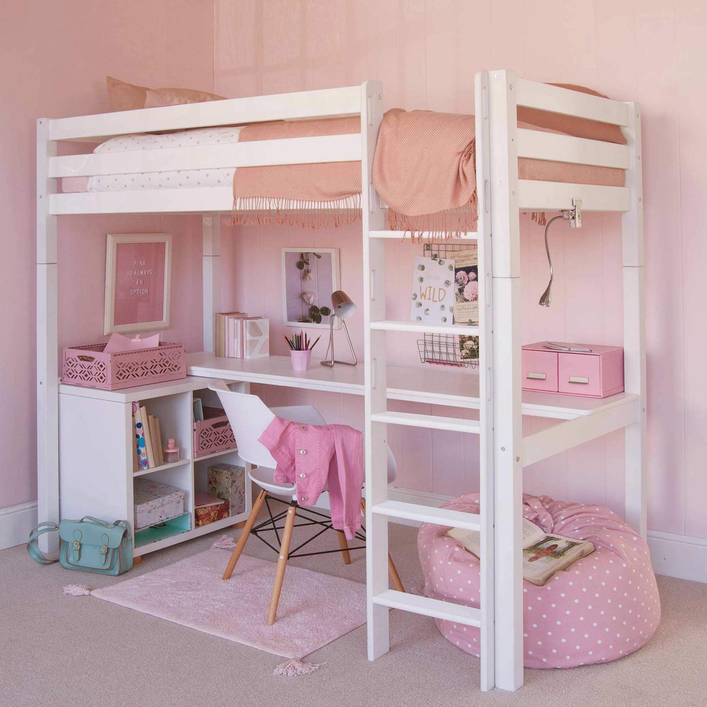 Ivy Classic Beech High Sleeper with Full Length Desk & Storage Girls Room Side