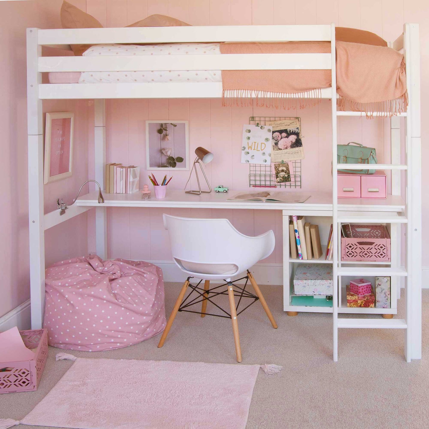 Ivy Classic Beech High Sleeper with Full Length Desk & Storage Girls Room