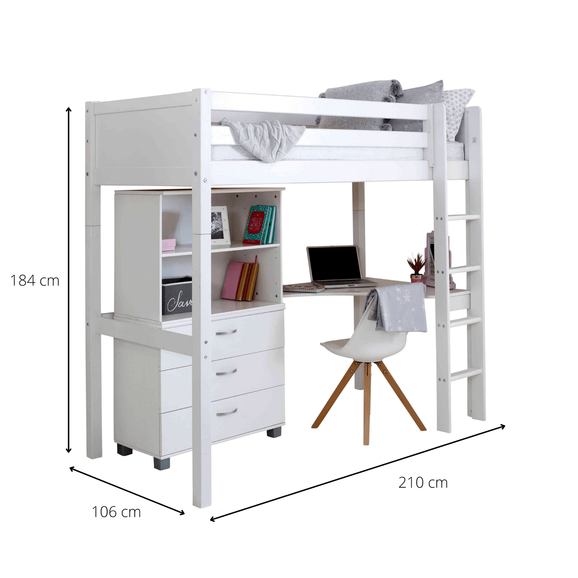 Jens Nordic High Sleeper Bed with Desk & Storage Dimensions