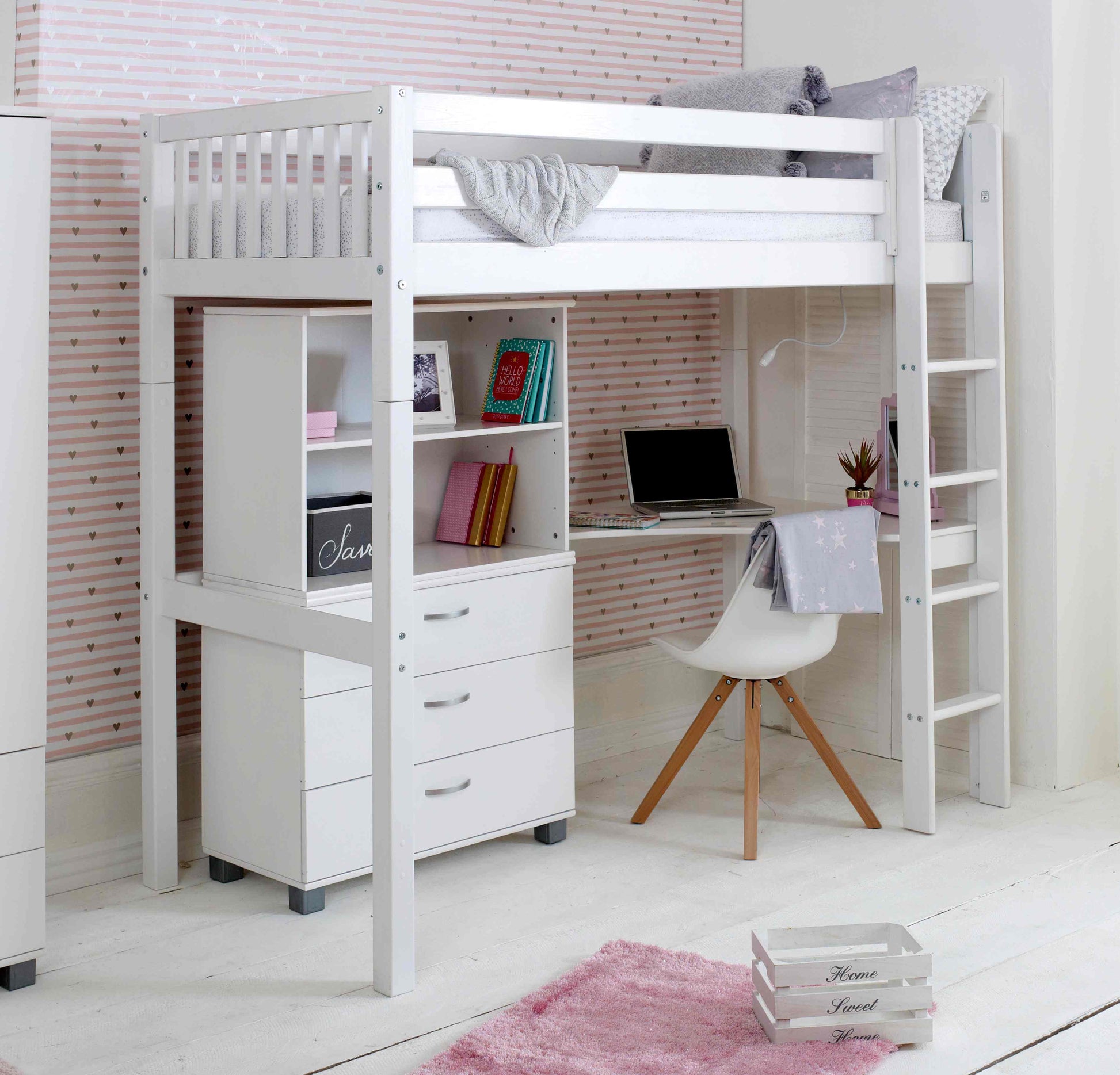 Jens Nordic High Sleeper Bed with Desk & Storage Slatted Ends