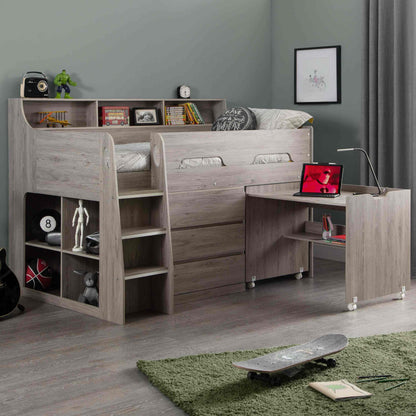 Jupiter Grey Oak Mid Sleeper Bed with Desk & Storage