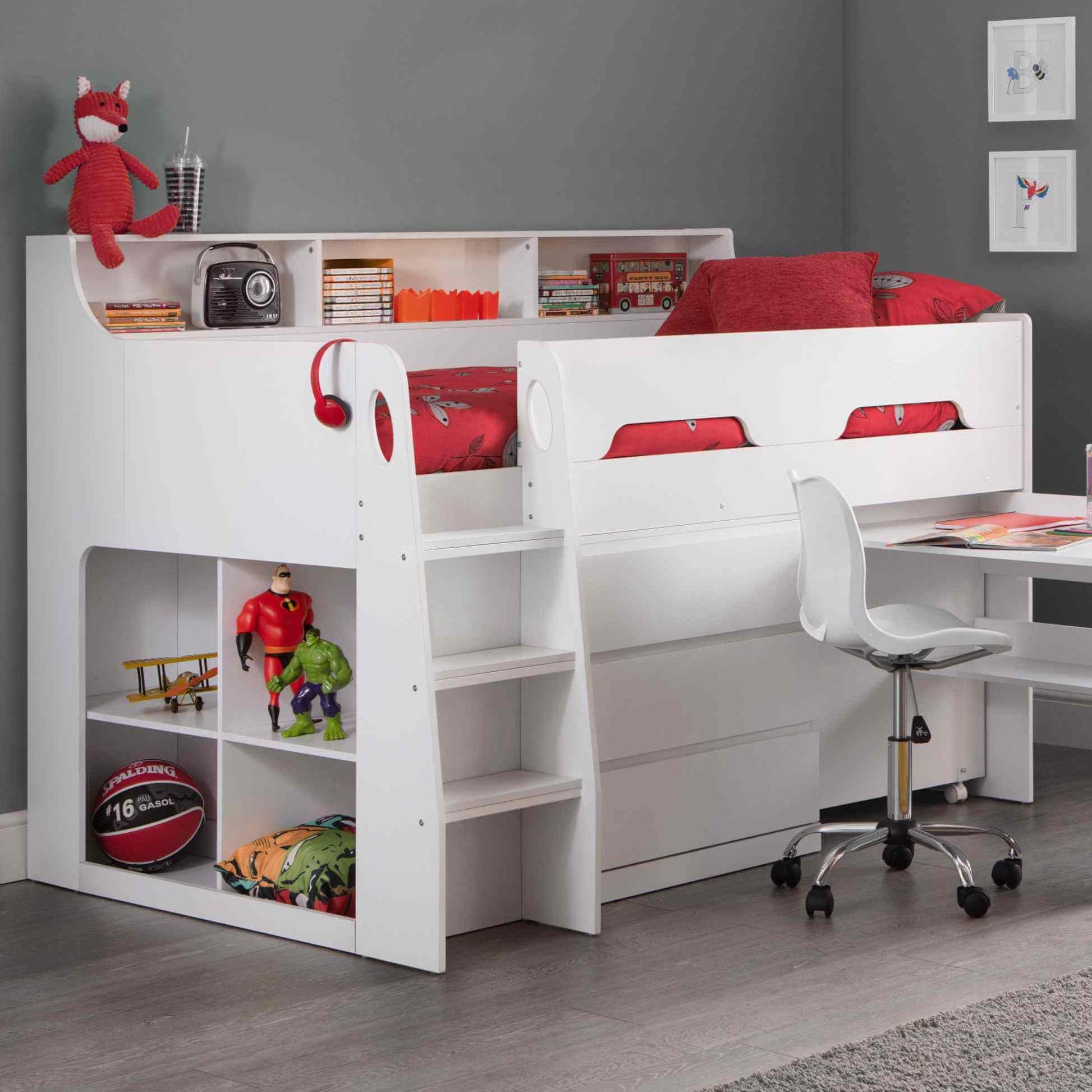 Jupiter White Mid Sleeper Bed with Desk & Storage