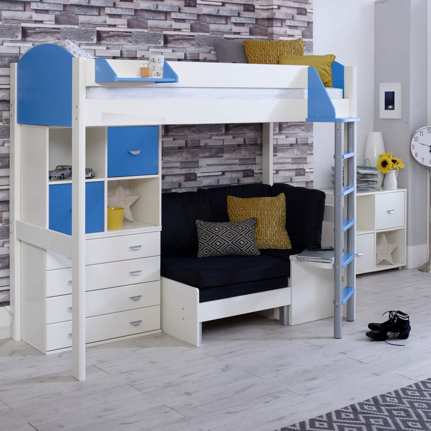 Layla High Sleeper Bed In Blue With Black Sofa Chair Bed