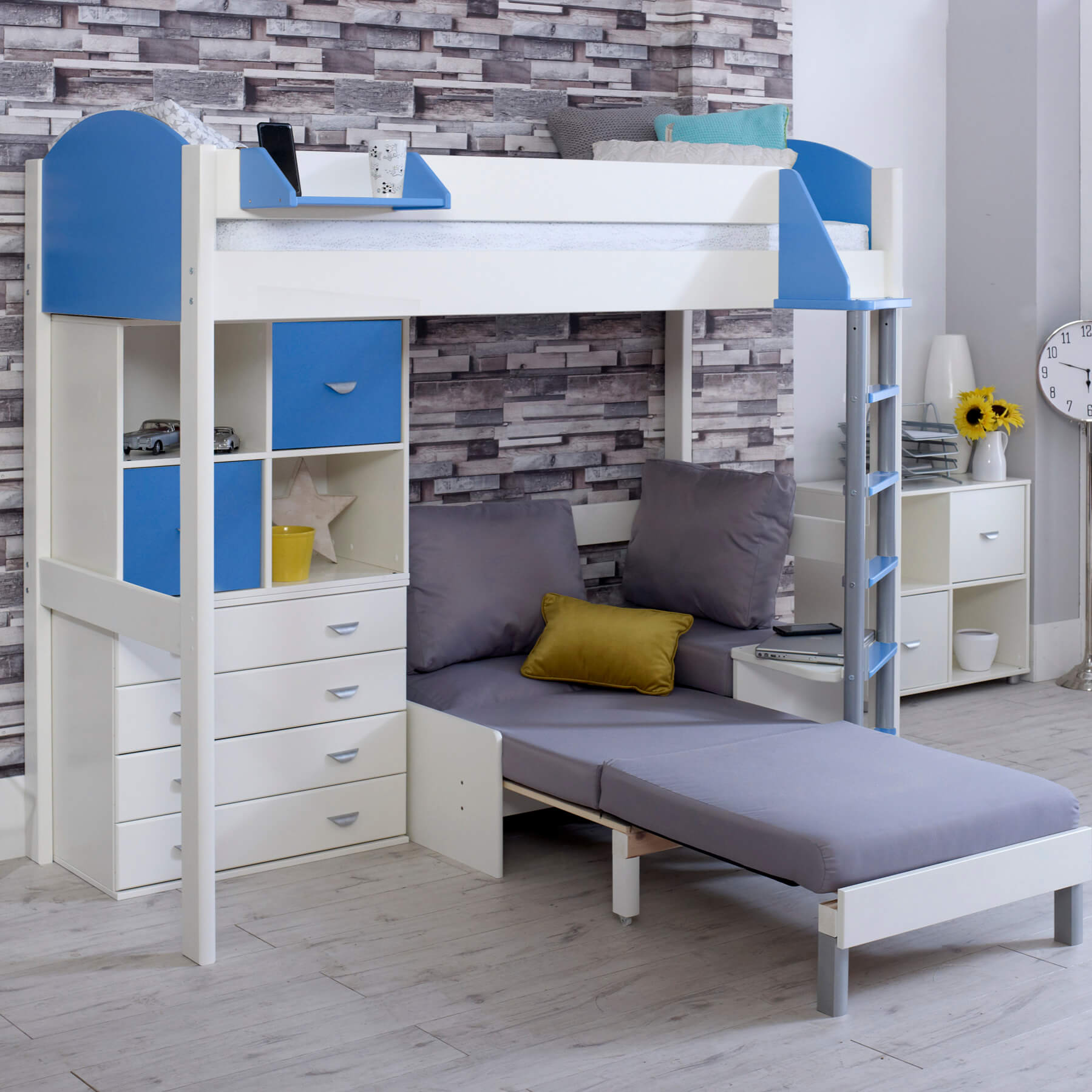 Layla High Sleeper Bed In Blue With Silver Sofa Chair Bed Extended