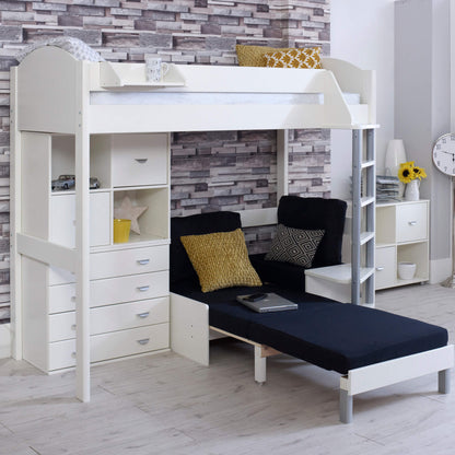 Layla High Sleeper Bed In White With Black Sofa Chair Bed Extended