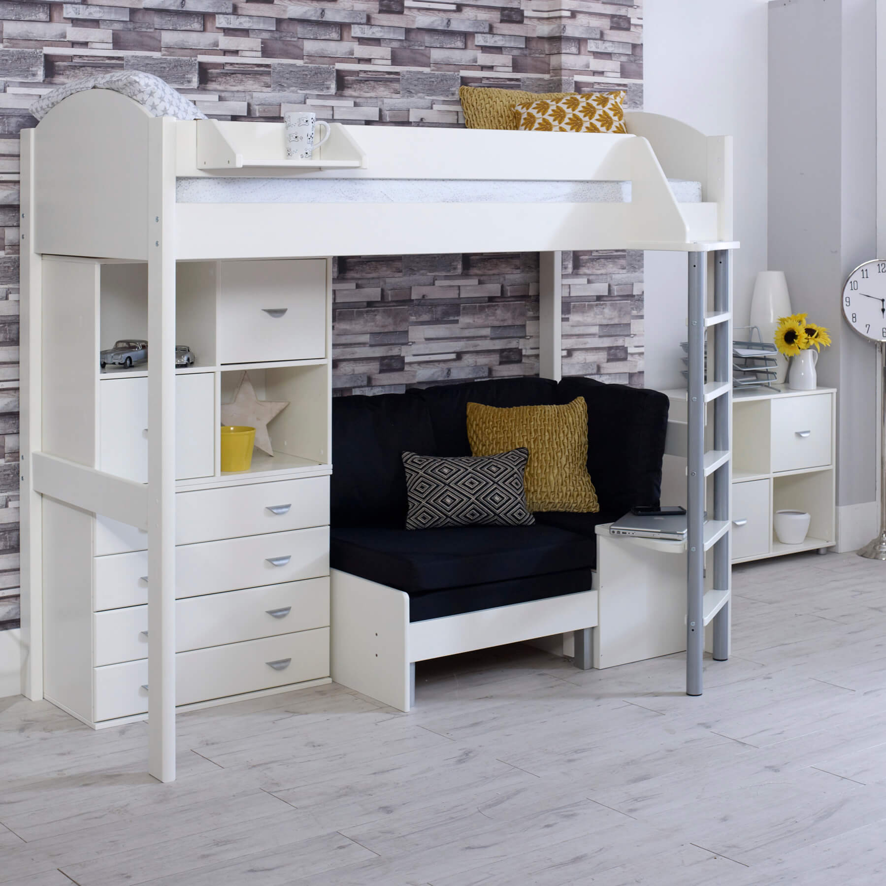 Layla High Sleeper Bed In White With Black Sofa Chair Bed