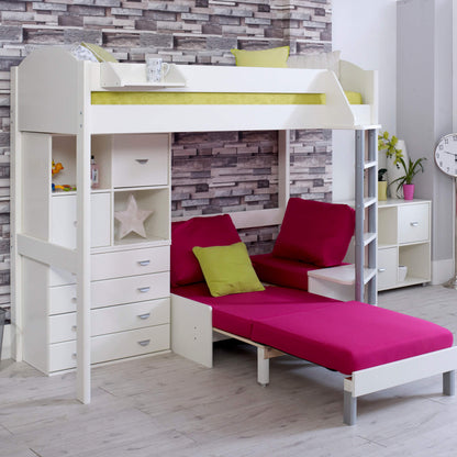 Layla High Sleeper Bed In White With Fuchsia Sofa Chair Bed Extended