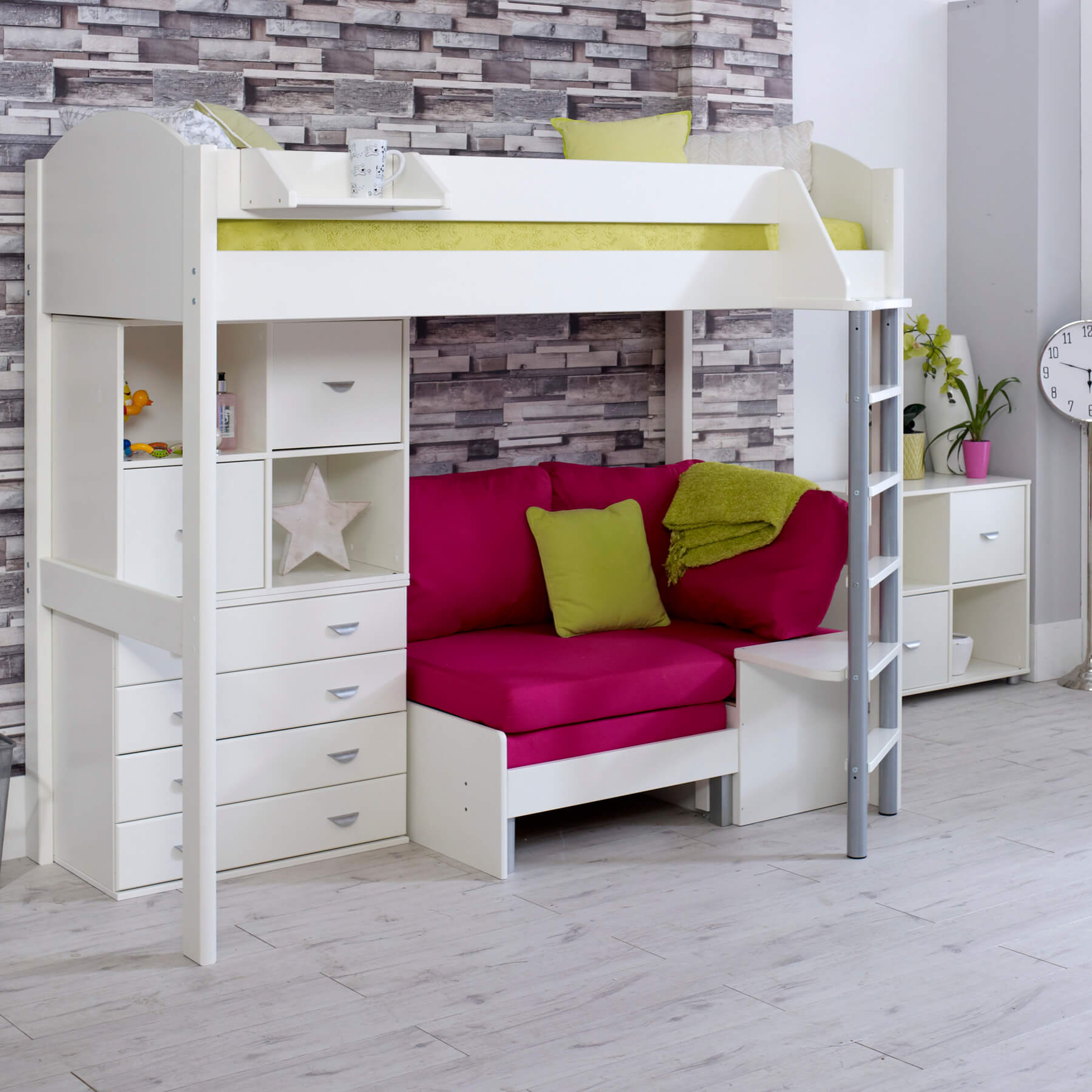 Layla High Sleeper Bed In White With Fuchsia Sofa Chair Bed