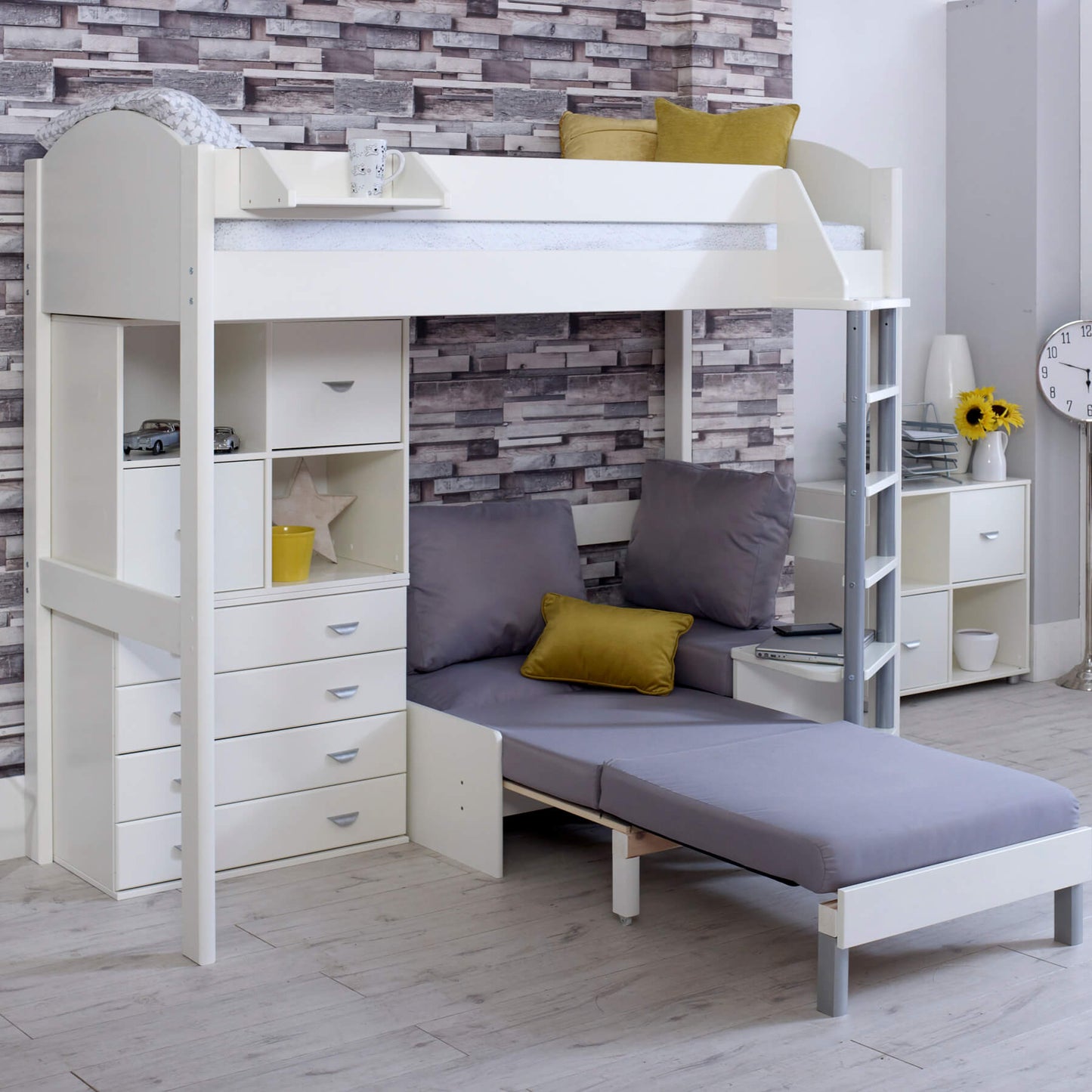 Layla High Sleeper Bed In White With Silver Sofa Chair Bed Extended