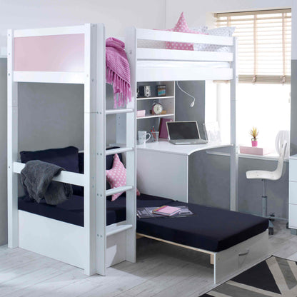 Liv Nordic High Sleeper Bed In Rose With Black Chair Bed Extended