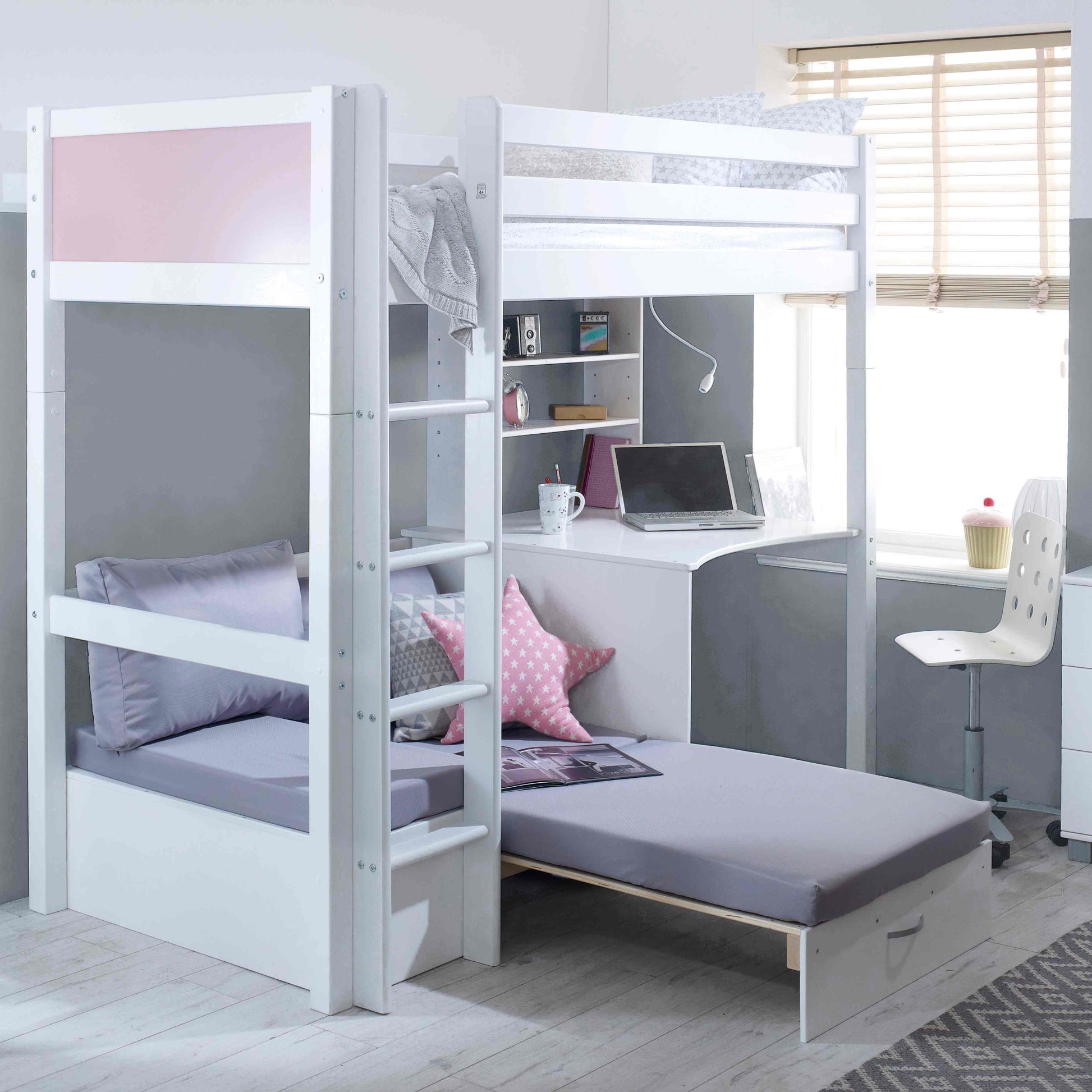 Liv Nordic High Sleeper Bed In Rose With SIlver Chair Bed Extended