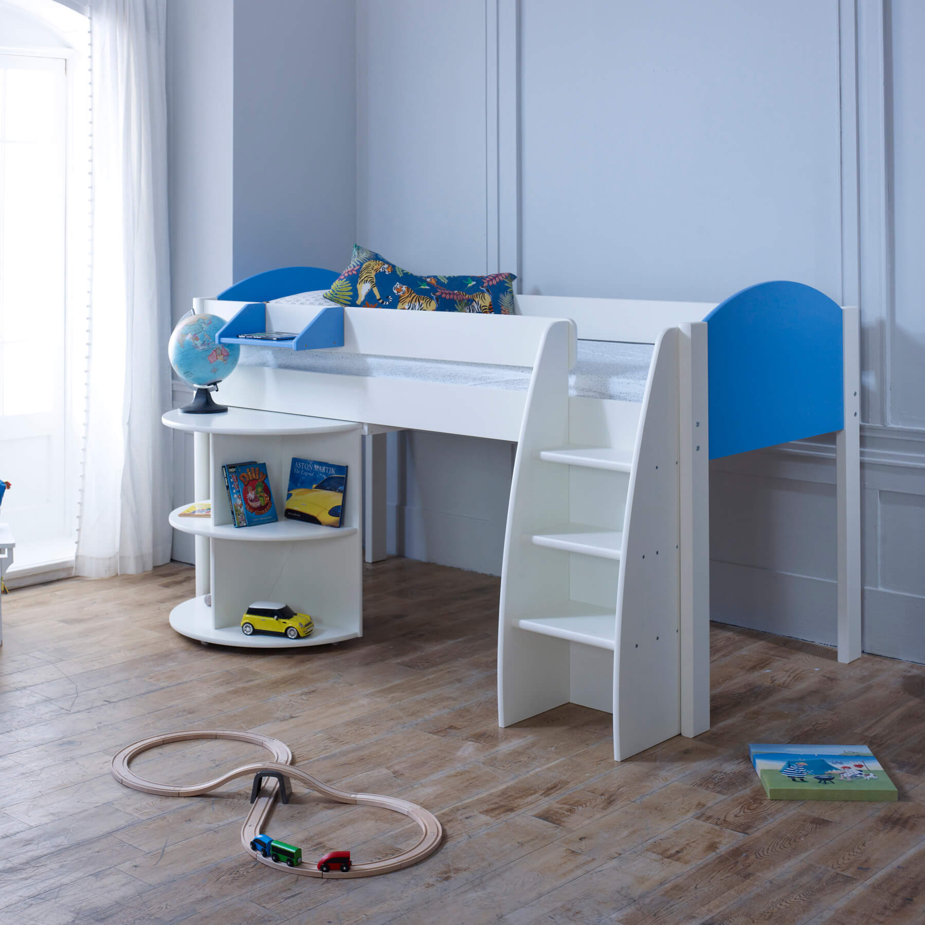 Eli Mid Sleeper Bed with Pull Out Desk In Blue In