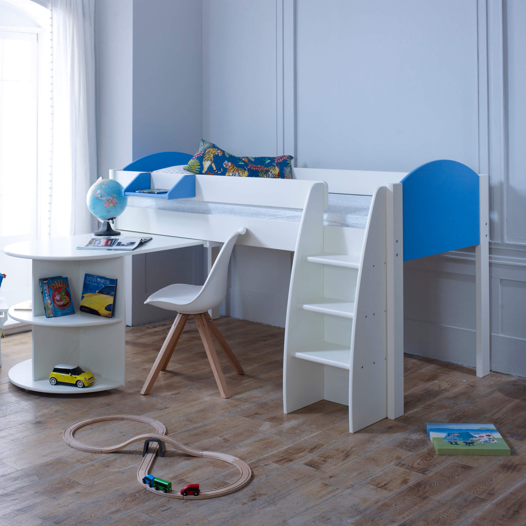 Eli Mid Sleeper Bed with Pull Out Desk In Blue Out