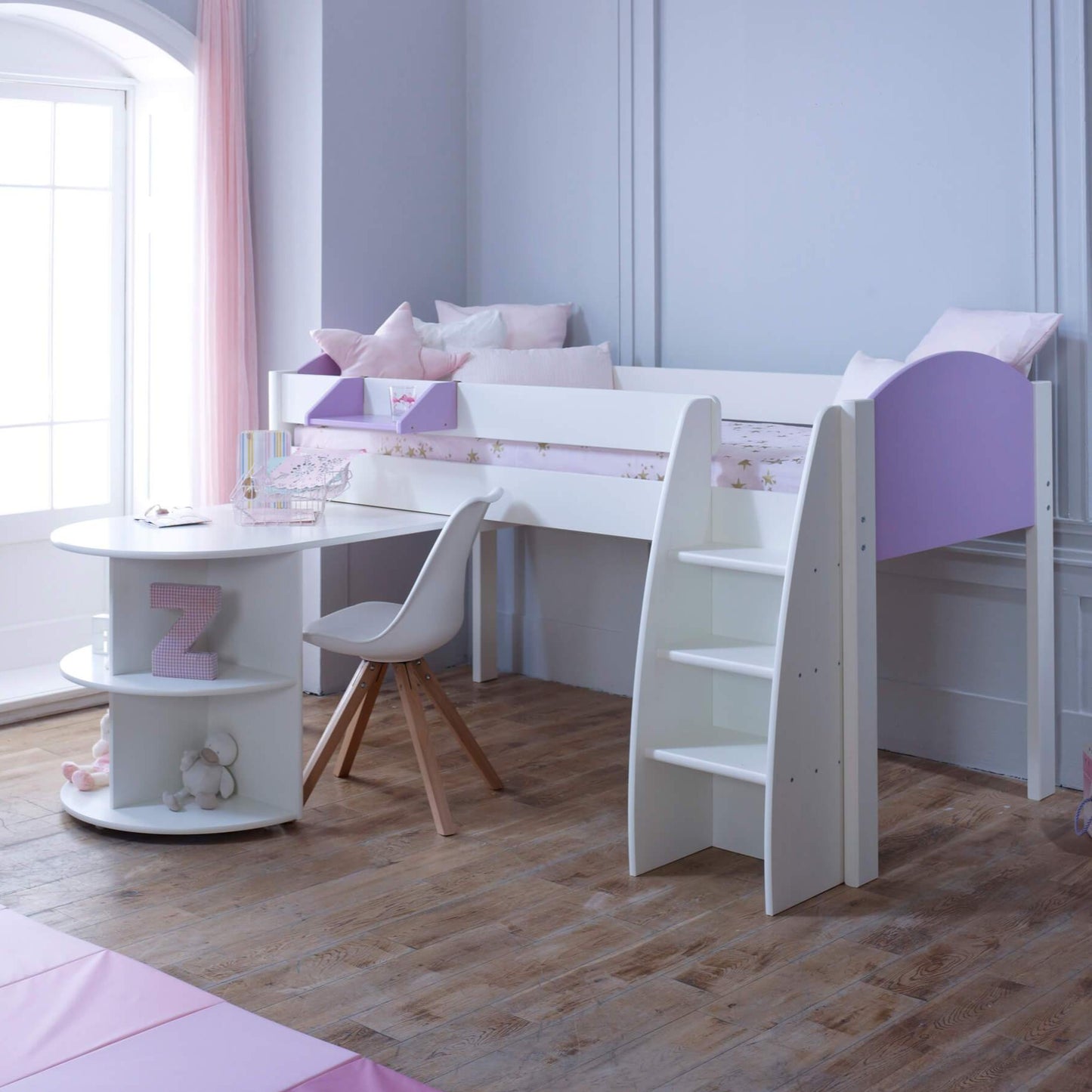 Eli Mid Sleeper Bed with Pull Out Desk In Lilac Out