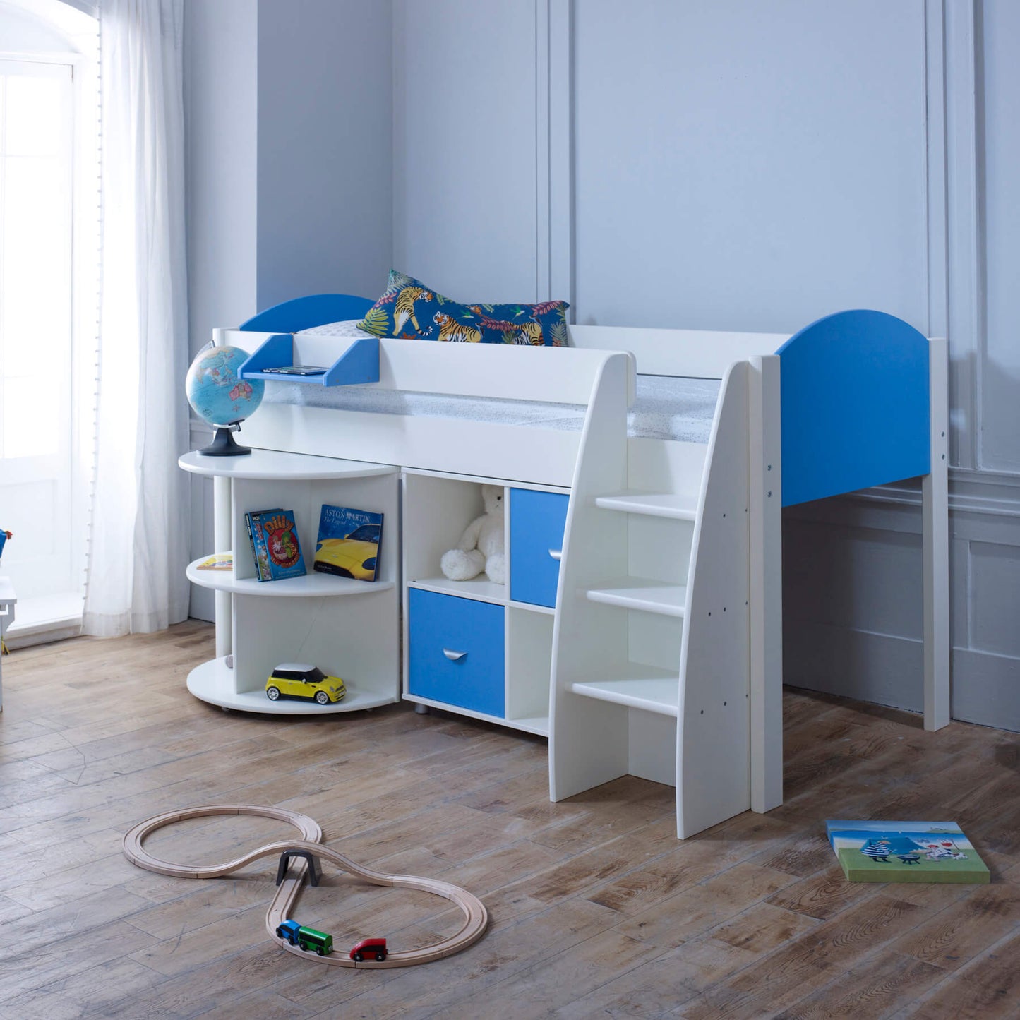 Eli Mid Sleeper Bed with Pull Out Desk With 1 Storage In Blue In