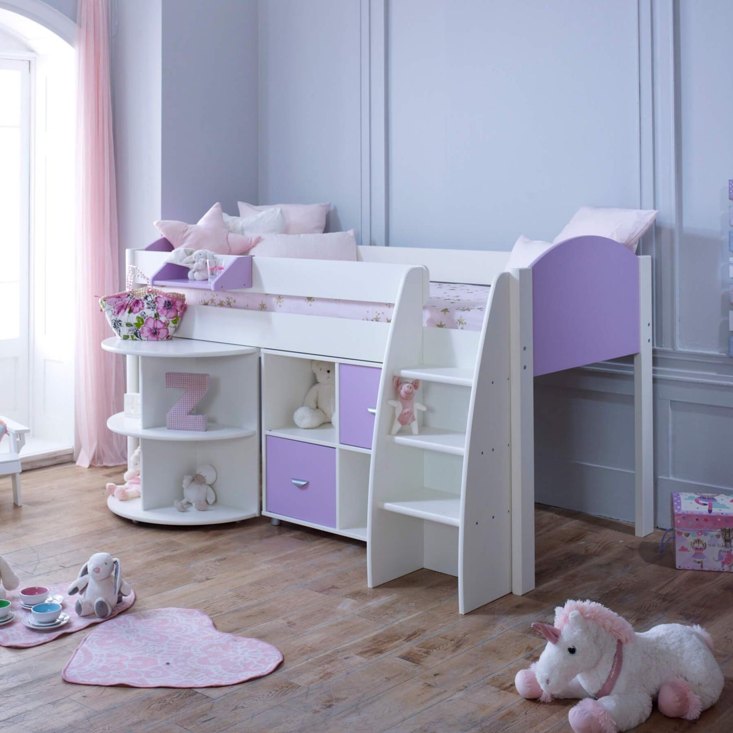 Eli Mid Sleeper Bed with Pull Out Desk With 1 Storage In Lilac In