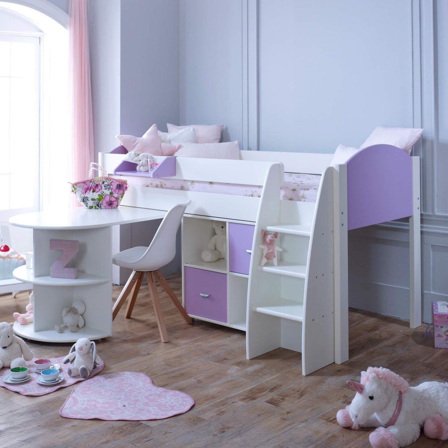 Eli Mid Sleeper Bed with Pull Out Desk With 1 Storage In Lilac Out