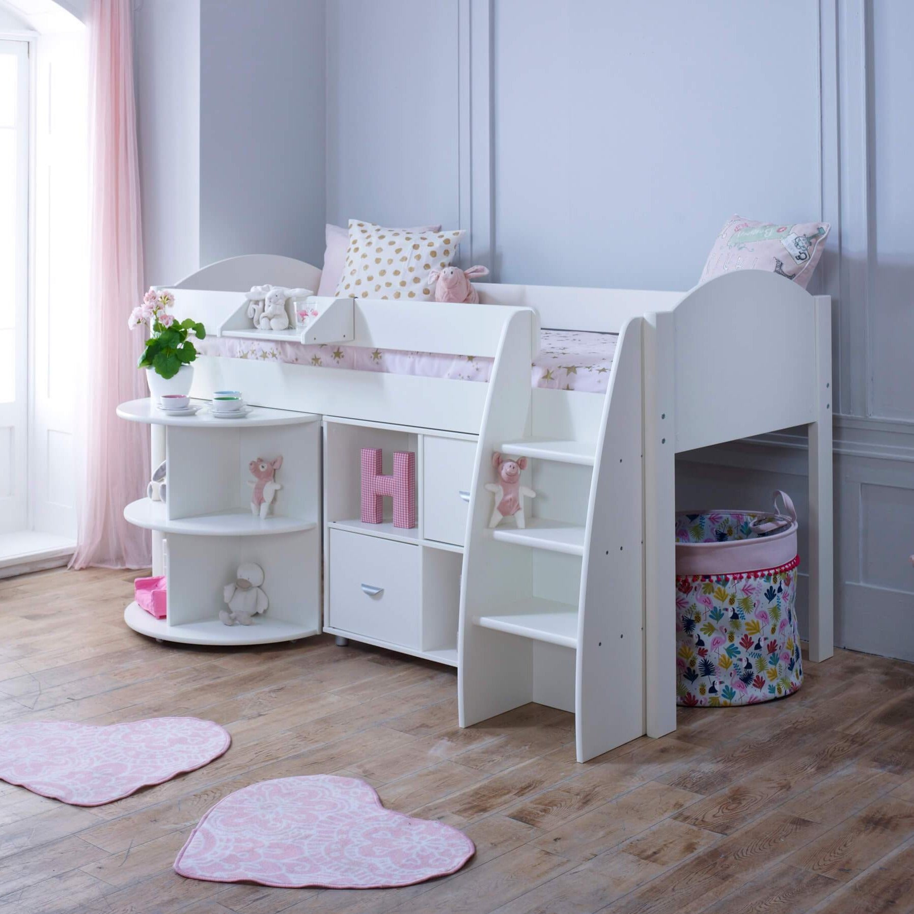 Eli Mid Sleeper Bed with Pull Out Desk With 1 Storage In White In