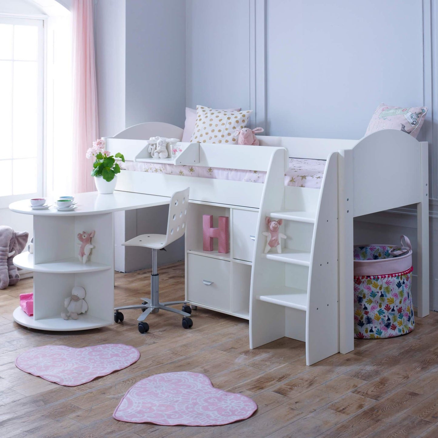 Eli Mid Sleeper Bed with Pull Out Desk With 1 Storage In White Out