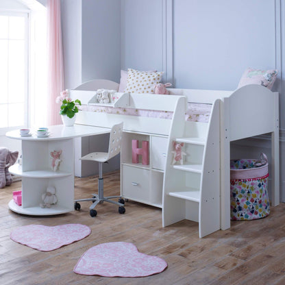 Eli Mid Sleeper Bed with Pull Out Desk With 1 Storage In White Out