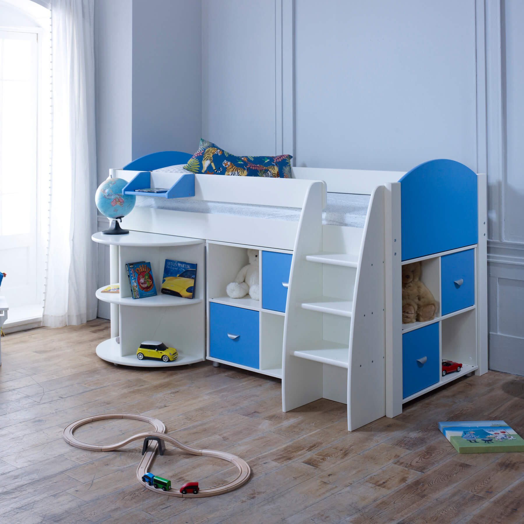 Eli Mid Sleeper Bed with Pull Out Desk With 2 Storage In Blue In