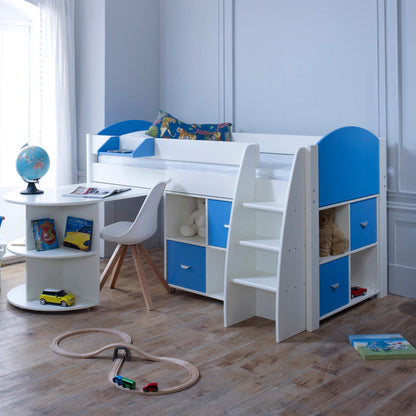 Eli Mid Sleeper Bed with Pull Out Desk With 2 Storage In Blue Out
