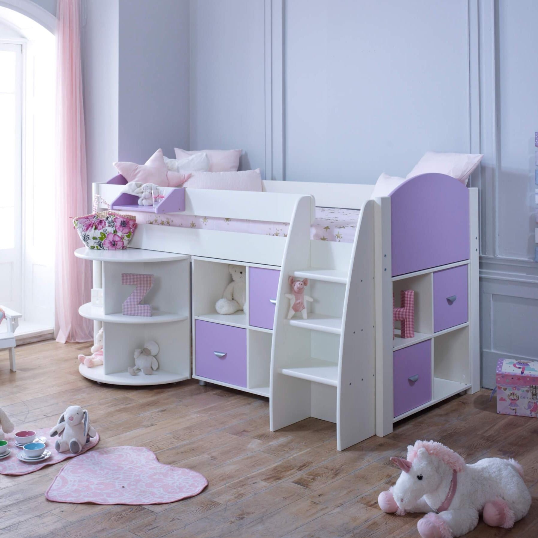 Eli Mid Sleeper Bed with Pull Out Desk With 2 Storage In Lilac In