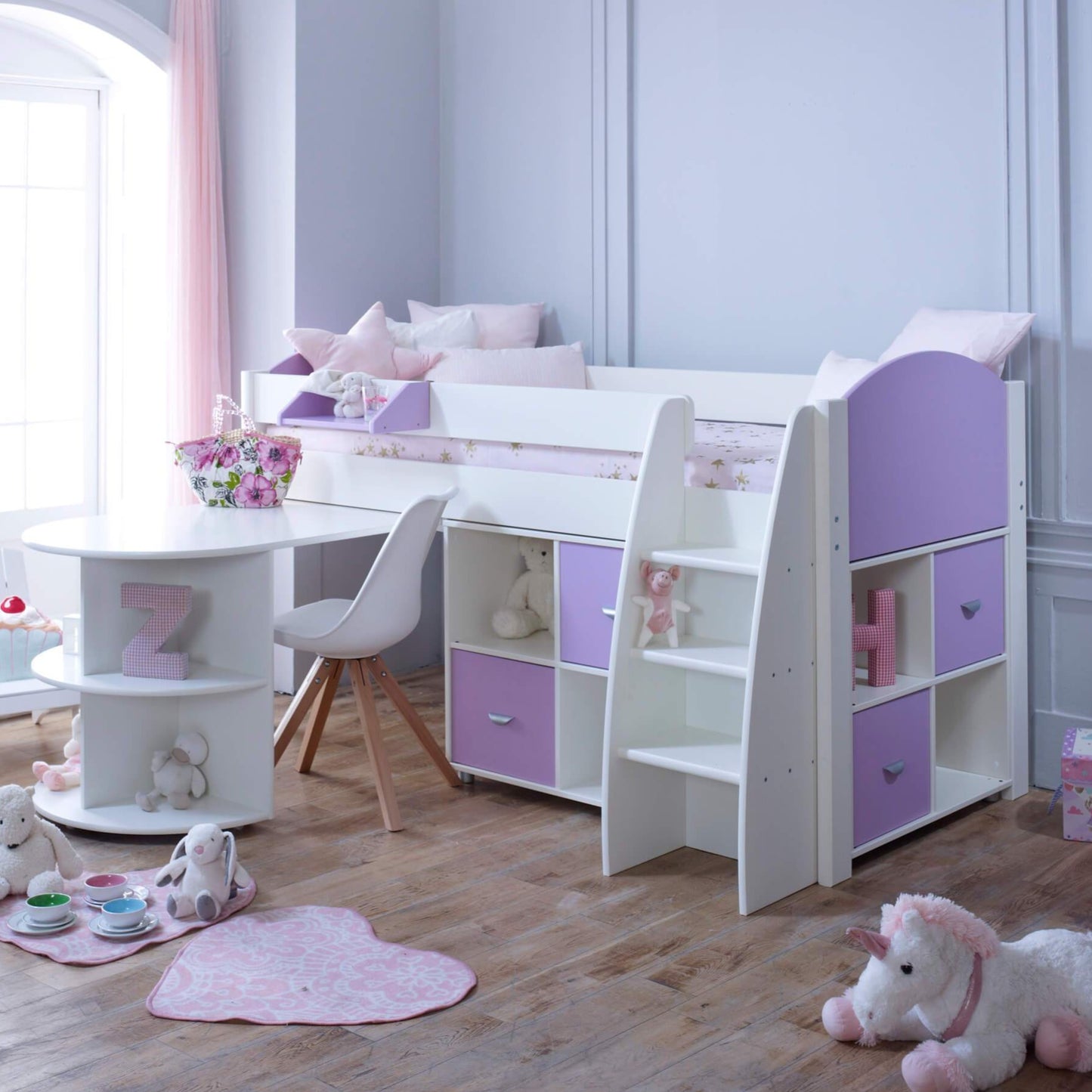 Eli Mid Sleeper Bed with Pull Out Desk With 2 Storage In Lilac Out