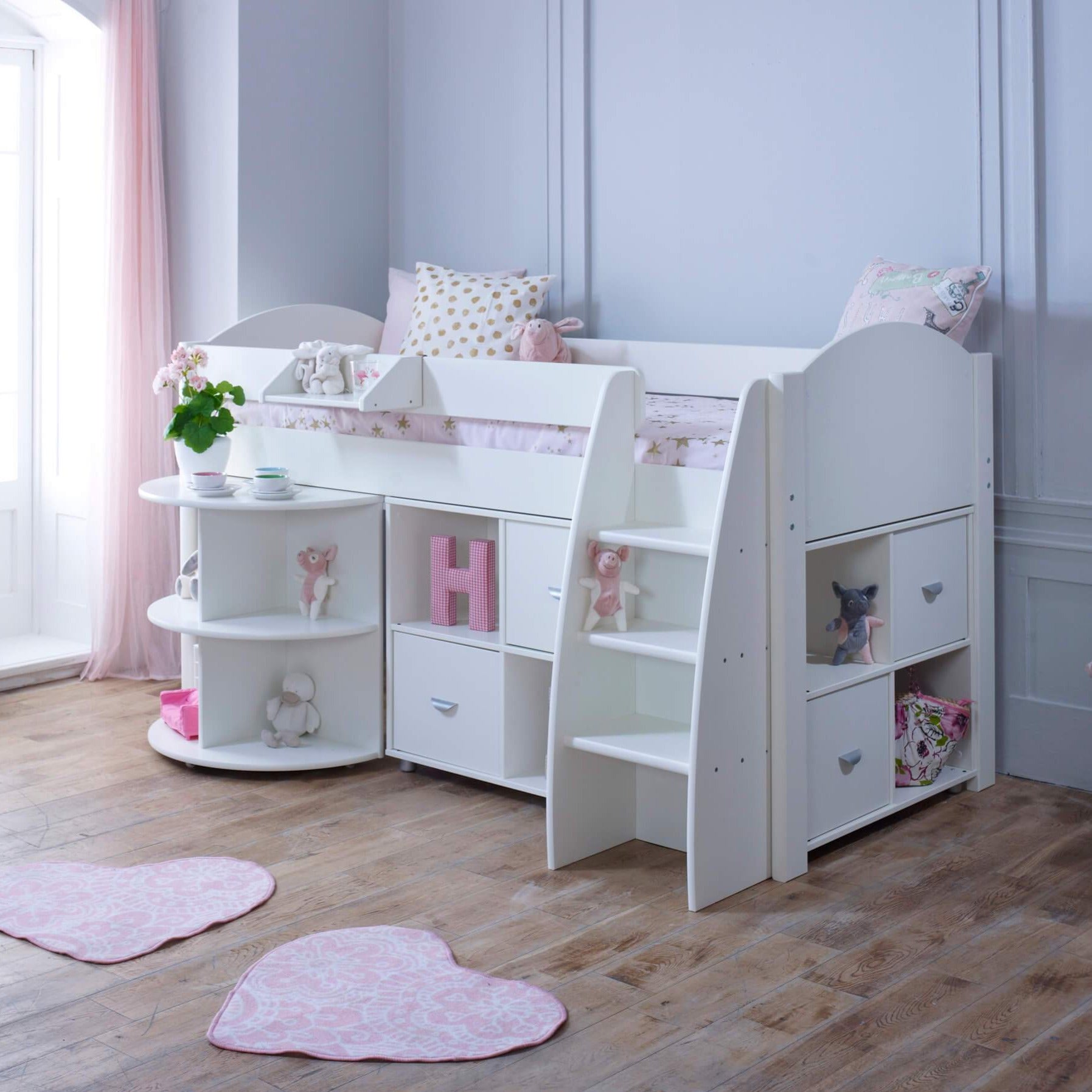 Eli Mid Sleeper Bed with Pull Out Desk With 2 Storage In White In