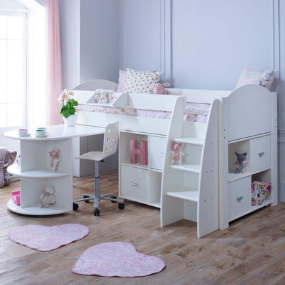 Eli Mid Sleeper Bed with Pull Out Desk With 2 Storage In White Out