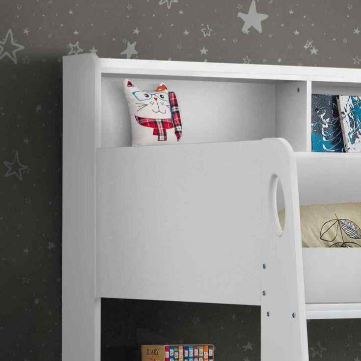 Orion bunk bed in white storage shelves