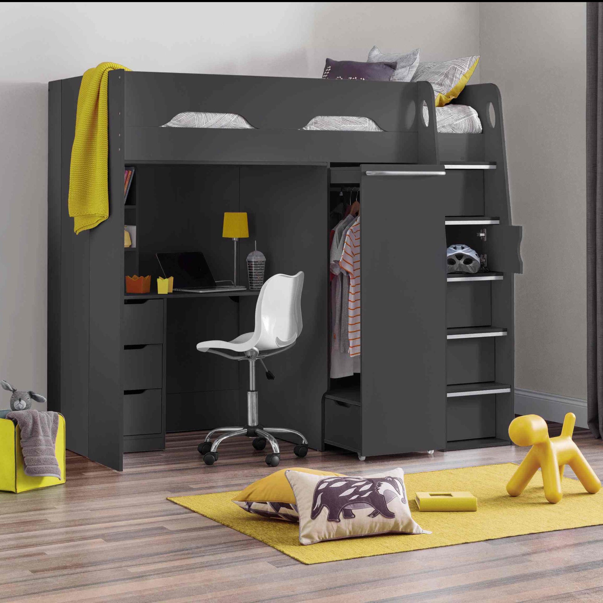 Pegasus Dark Grey High Sleeper Bed with Desk & Wardrobe In Yellow