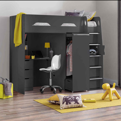 Pegasus Dark Grey High Sleeper Bed with Desk & Wardrobe In Yellow