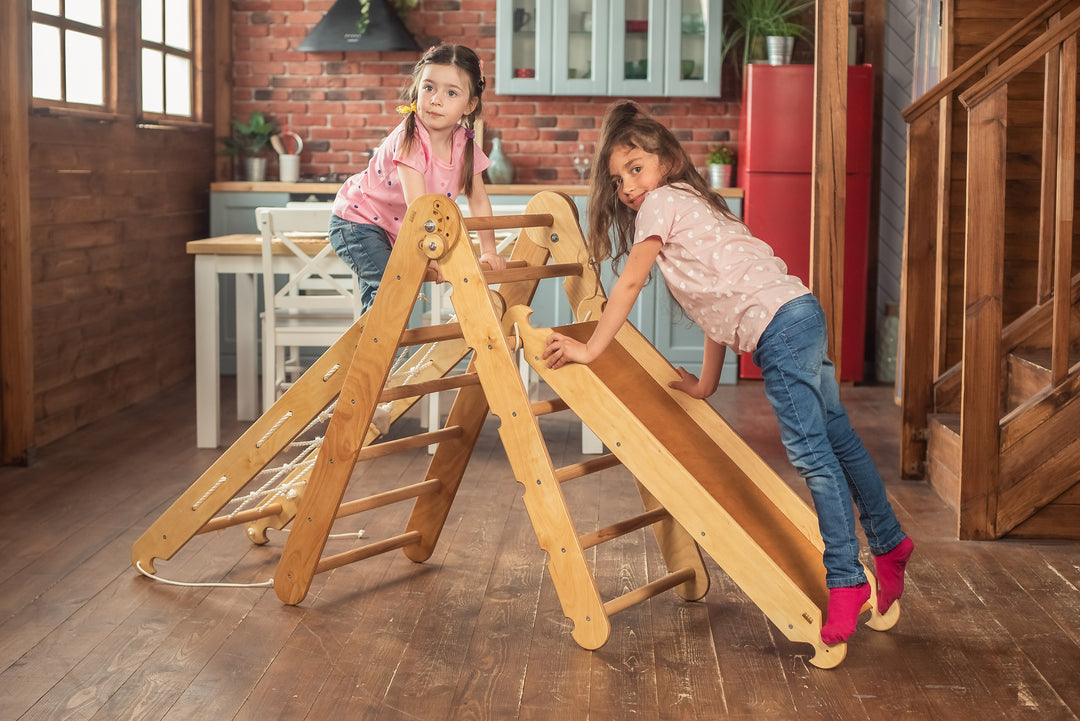 Pikler Triangle Ladder with Climbing Net and Ramp Slide