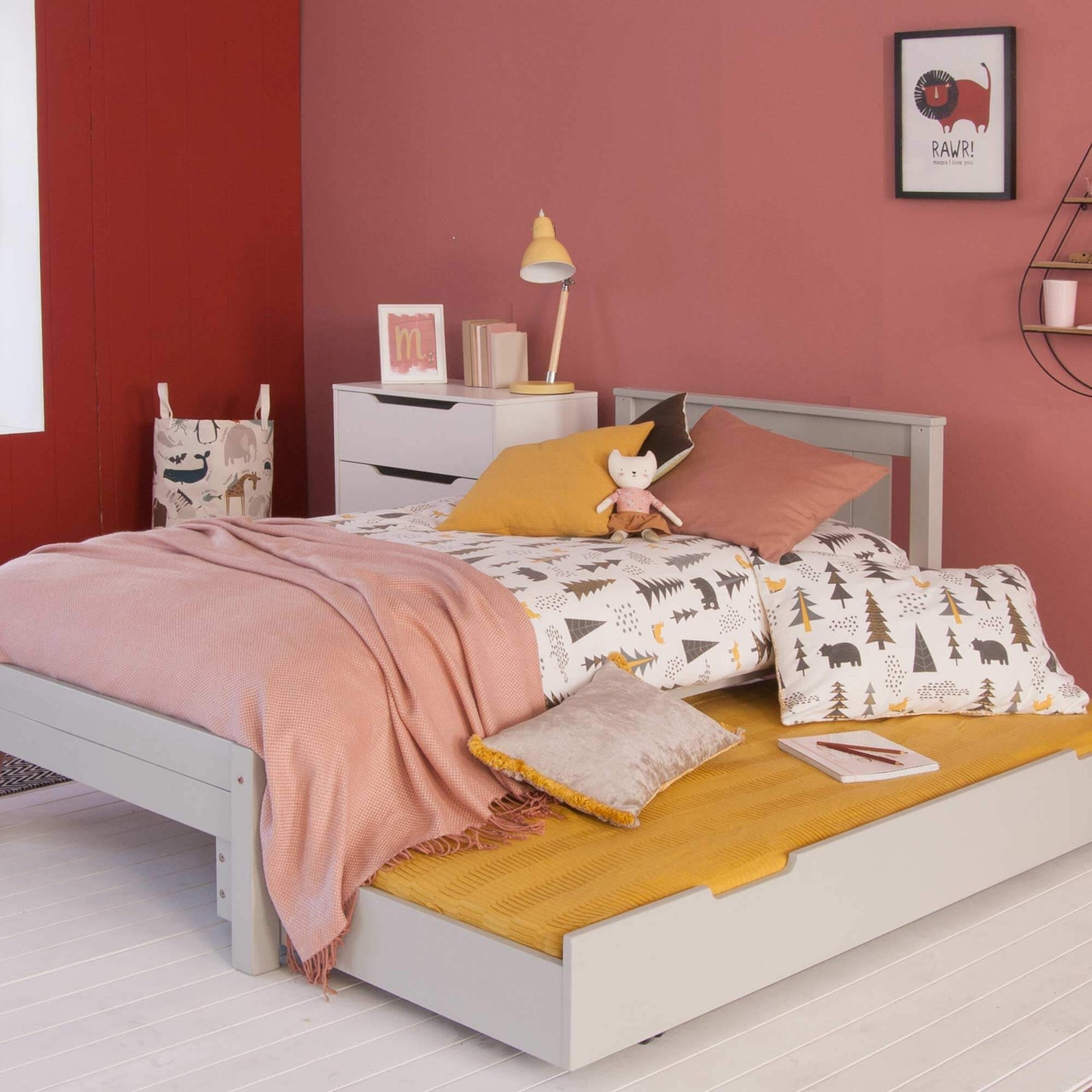Poppy Classic Beech Dove Grey Single Bed with Trundle Guest Bed