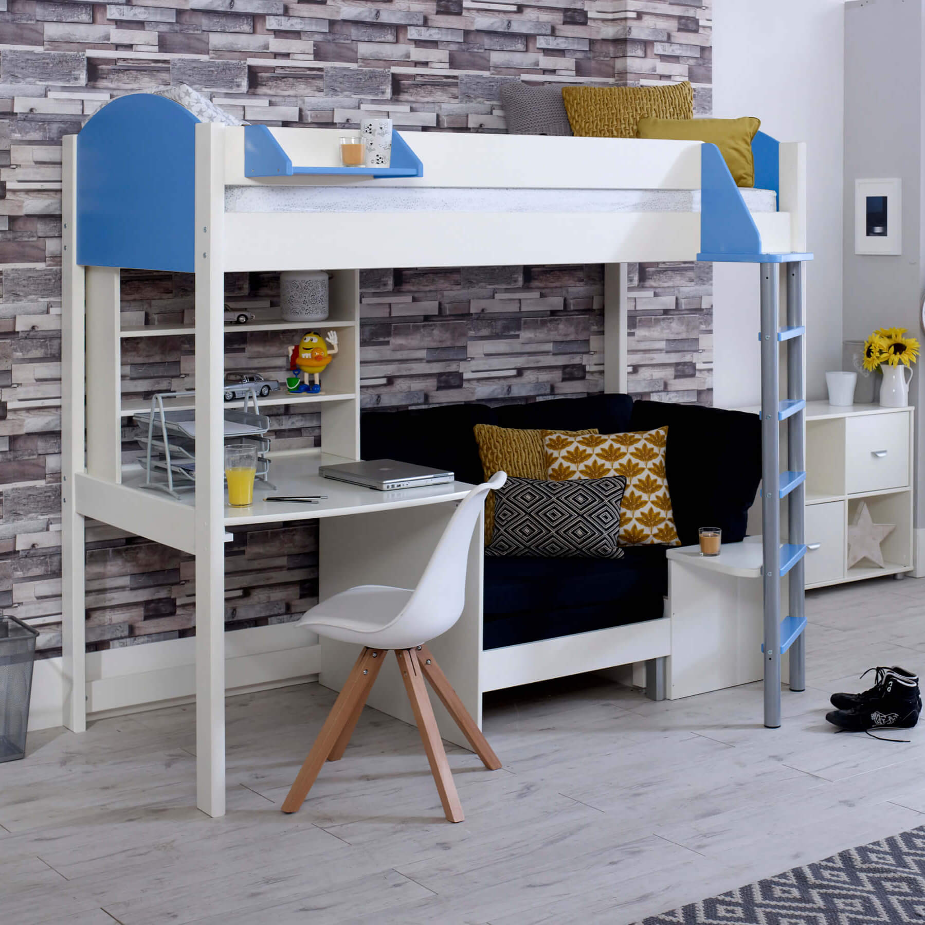 Noah Bluie High Sleeper Bed With Desk & Shelves & Black Chair Bed