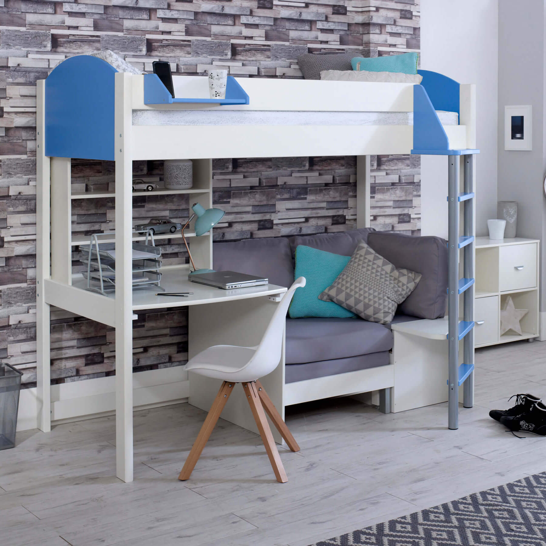 Noah Bluie High Sleeper Bed With Desk & Shelves & Silver Chair Bed